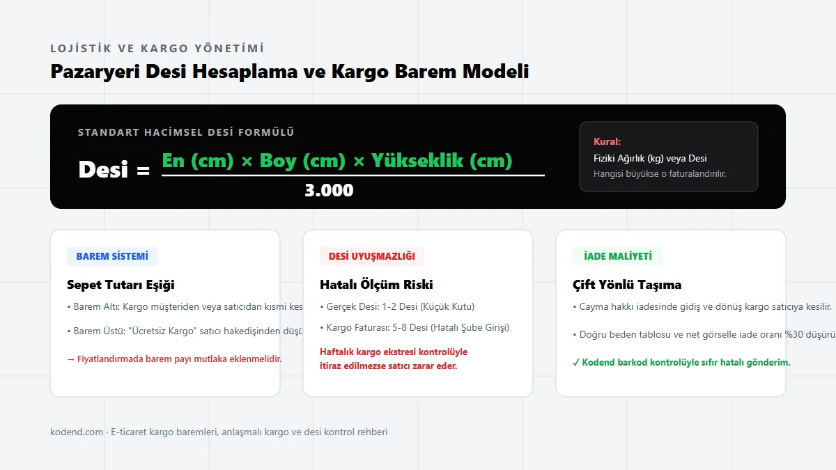 Pazaryeri desi hesaplama formülü, sepet barem eşikleri ve iade kargo maliyet analiz şeması.